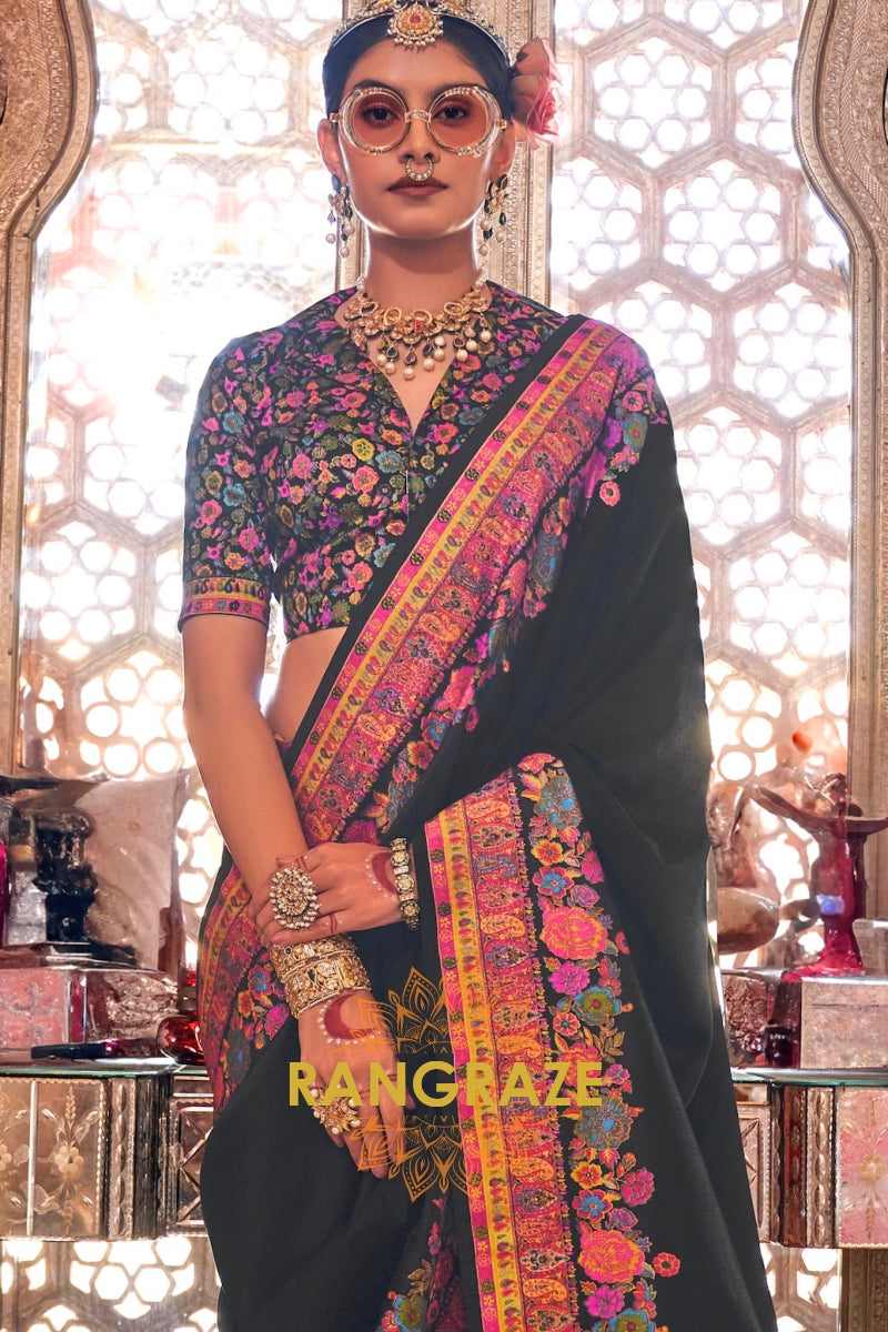 Midnight Bloom Symphony Silk Saree