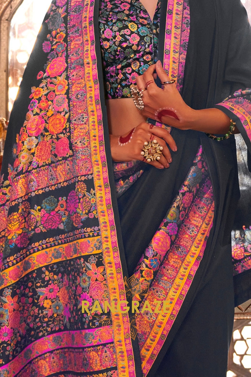 Midnight Bloom Symphony Silk Saree