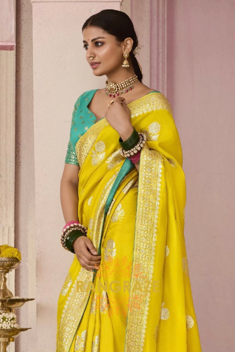 Sunshine Teal: Designer Banarasi Silk Saree