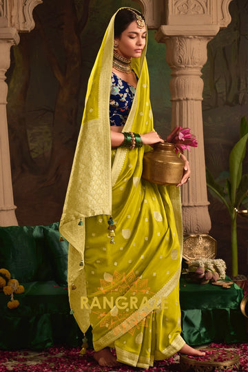 Green Olive Radiance Banarasi Silk Saree with Gold Zari Accents