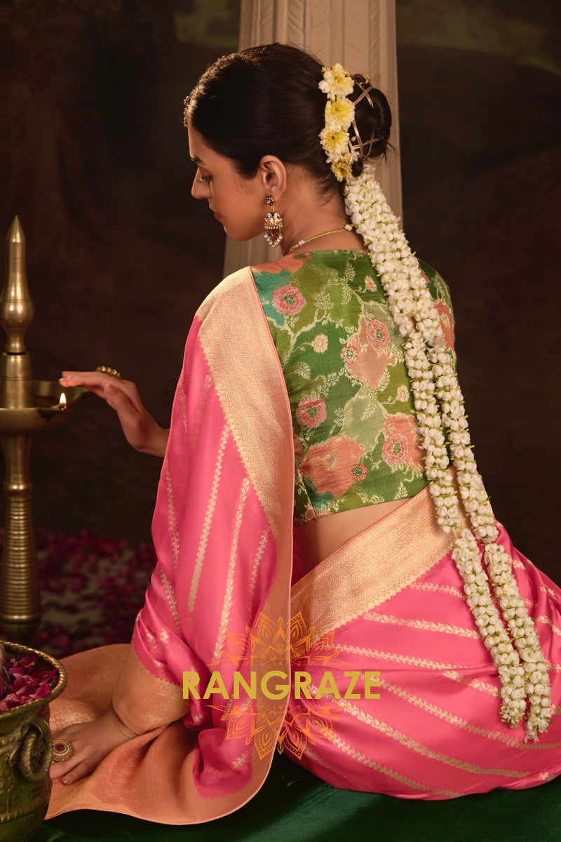 Pink Blush Banarasi Silk Saree with Gold Zari Highlights