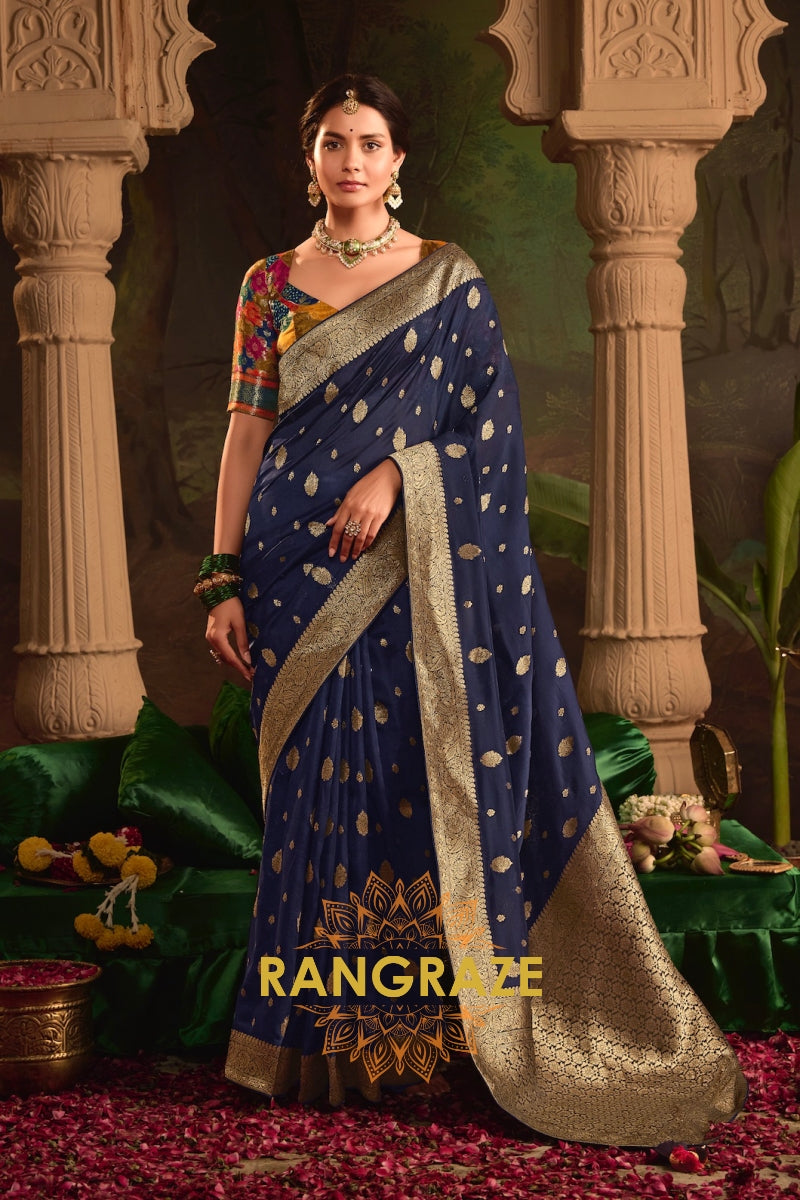 Majestic Midnight Banarasi Silk Saree with Gold Zari Splendor