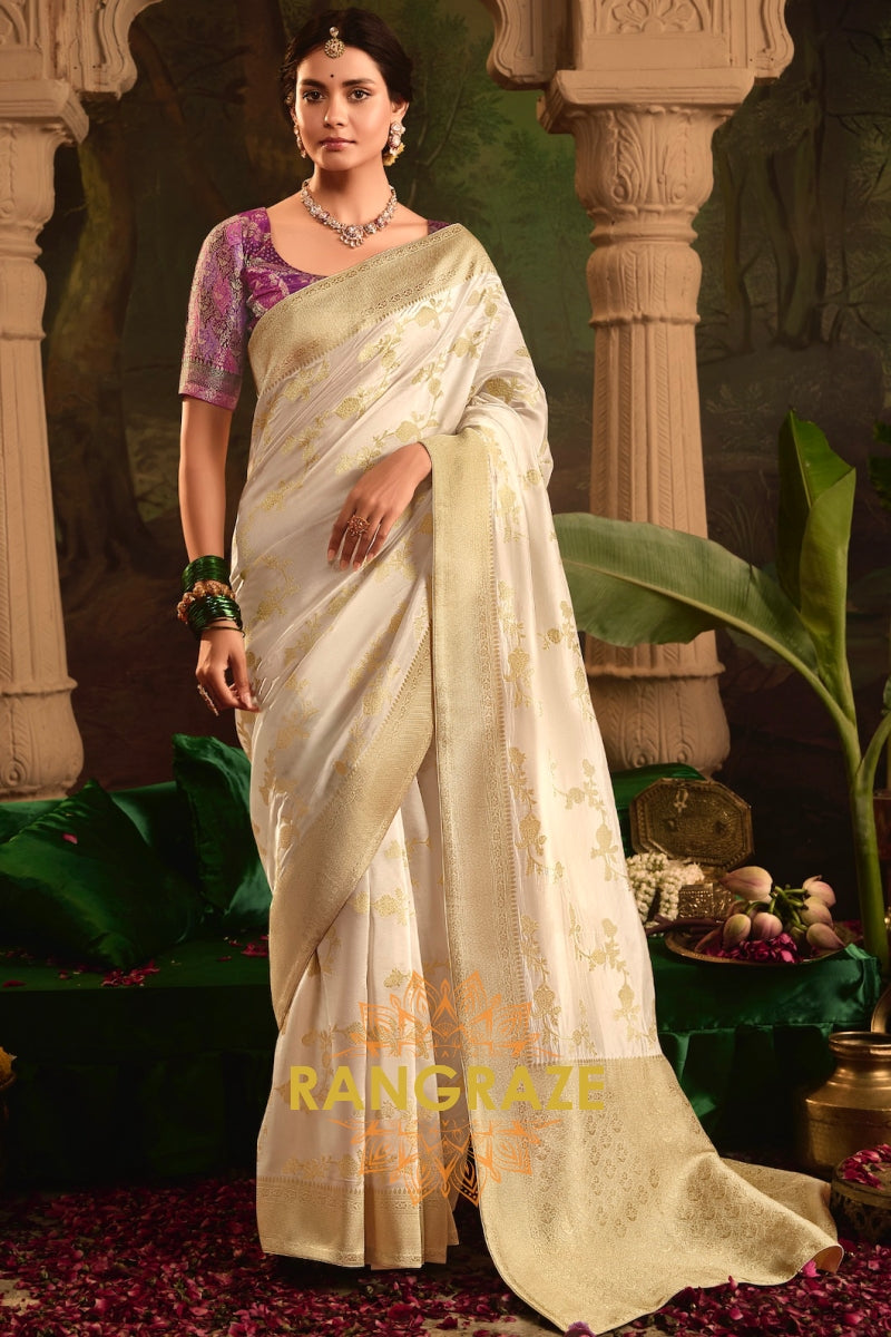 Golden Blossom Banarasi Silk Saree with Regal Ivory Charm