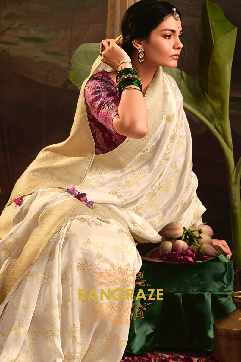 Golden Blossom Banarasi Silk Saree with Regal Ivory Charm