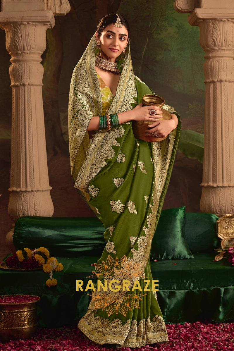 Majestic Olive Banarasi Silk Saree with Intricate Gold Zari Weaving