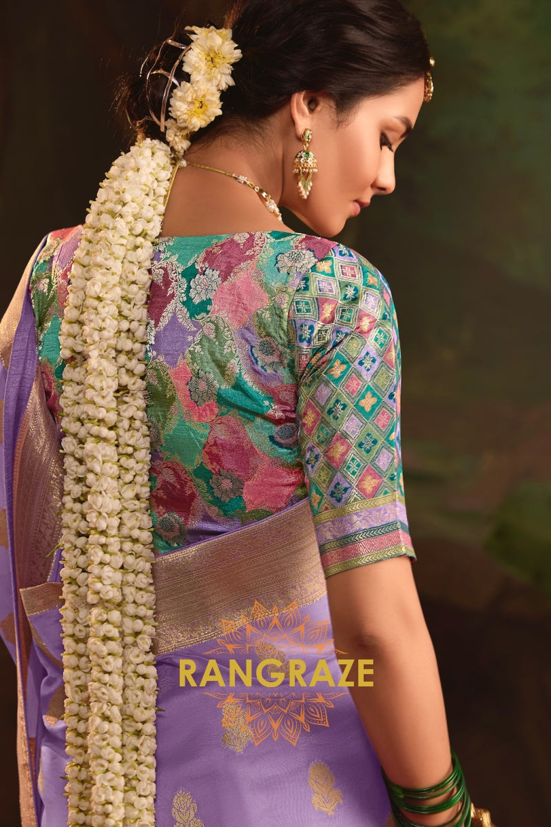 Lavender Elegance Banarasi Silk Saree with Gold Zari Charm