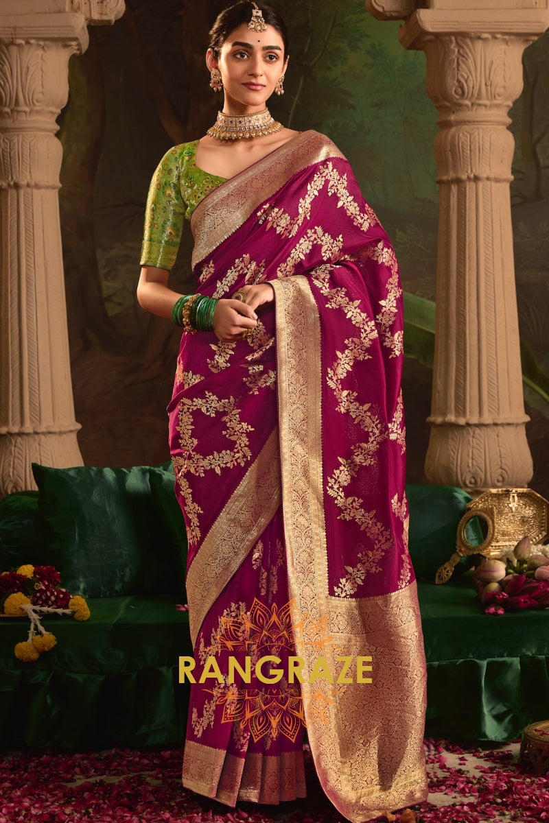 Regal Raspberry Banarasi Silk Saree with Antique Gold Zari Embroidery