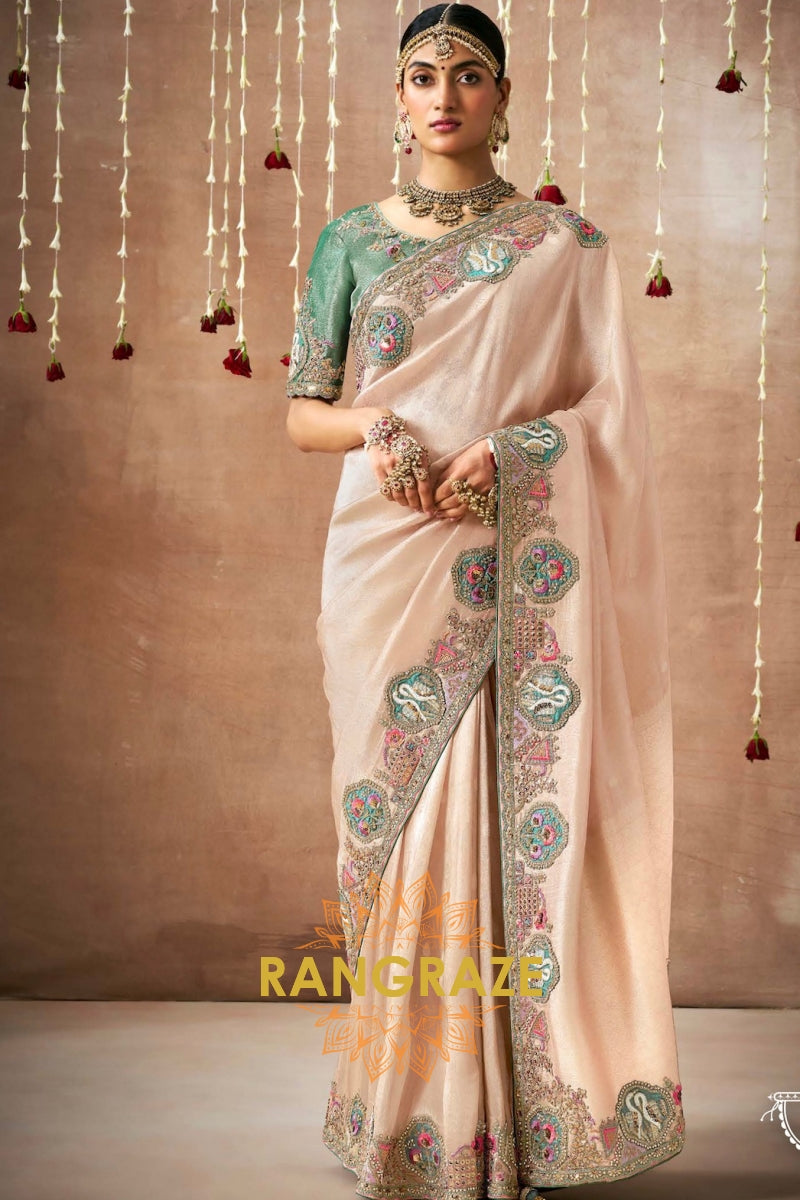 Blush Elegance: Designer Embellished Tissue Silk Bridal Saree