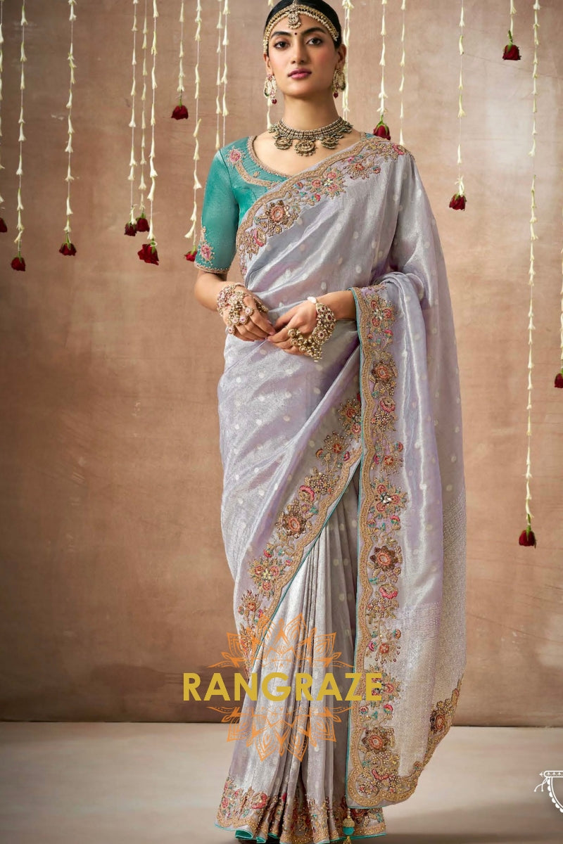 Moonlight Elegance: Designer Embellished Bridal Silk Saree