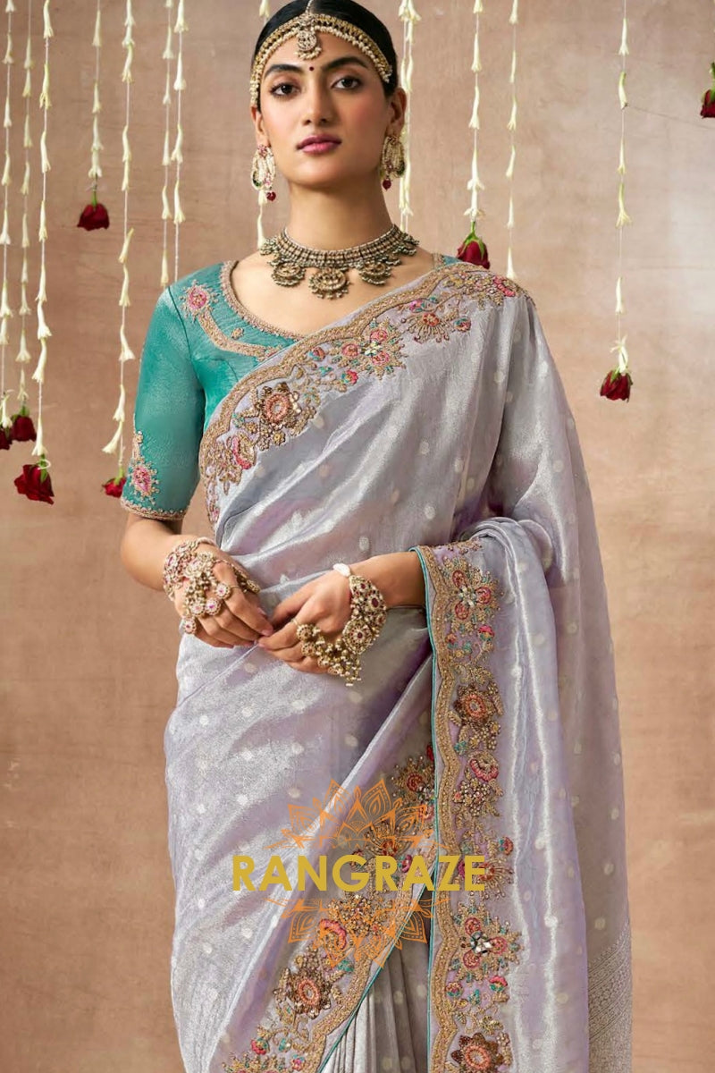 Moonlight Elegance: Designer Embellished Bridal Silk Saree