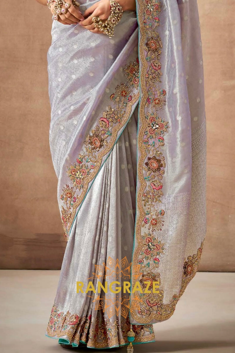 Moonlight Elegance: Designer Embellished Bridal Silk Saree