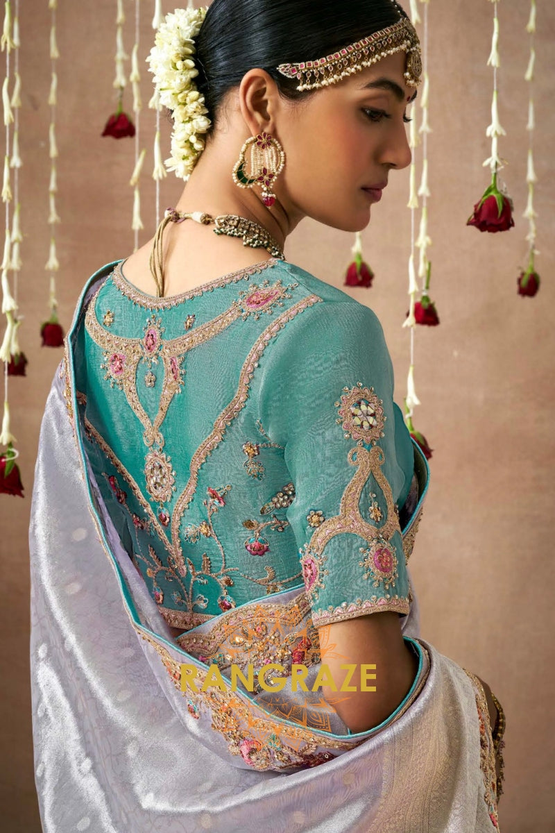 Moonlight Elegance: Designer Embellished Bridal Silk Saree