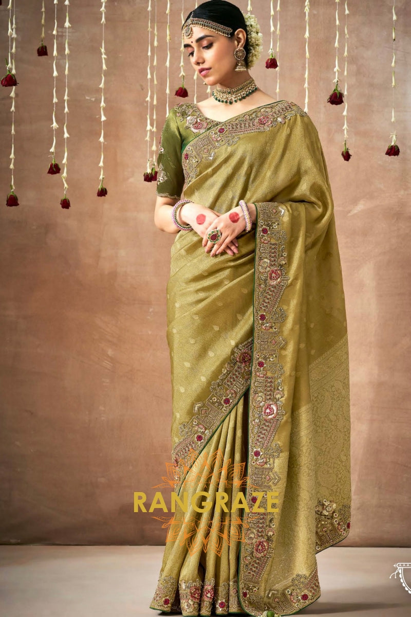 Olive Grandeur: Designer Embroidered Tissue Silk Bridal Saree