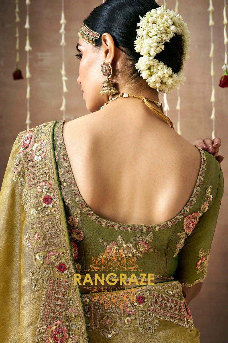 Olive Grandeur: Designer Embroidered Tissue Silk Bridal Saree