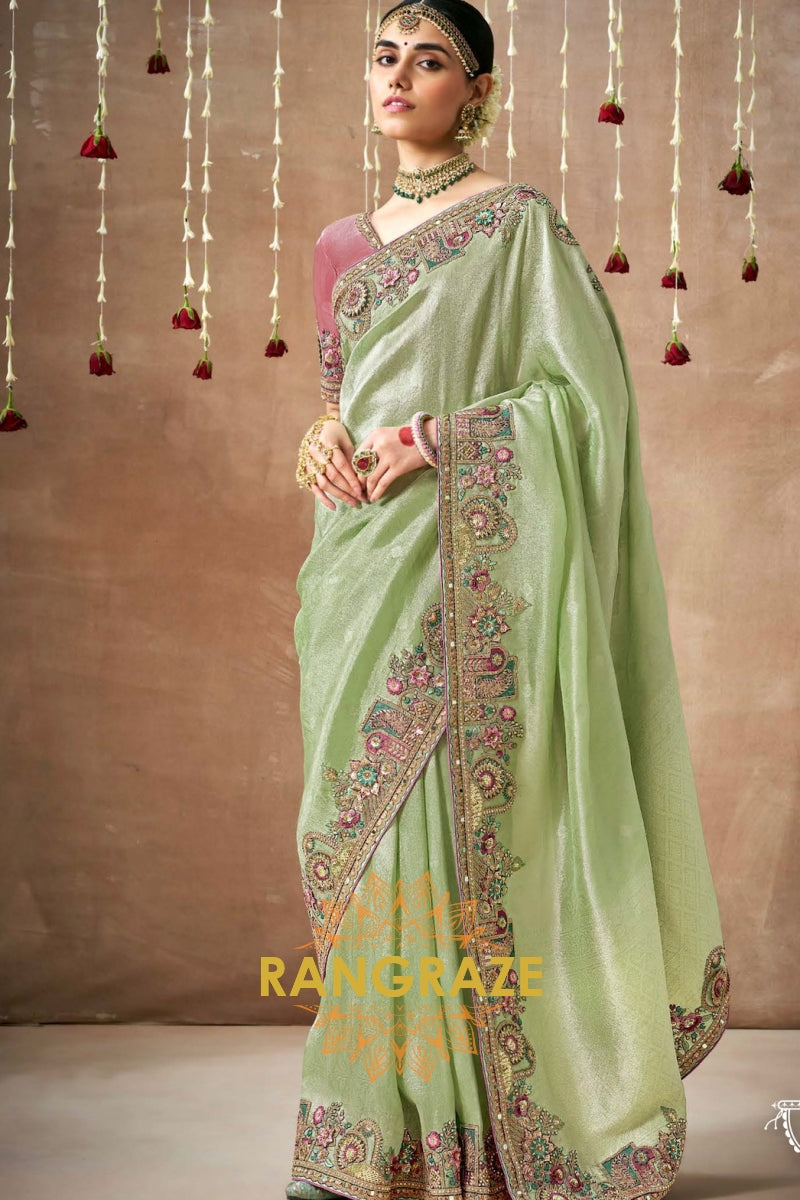 Mint Blush Delight: Designer Embellished Bridal Saree