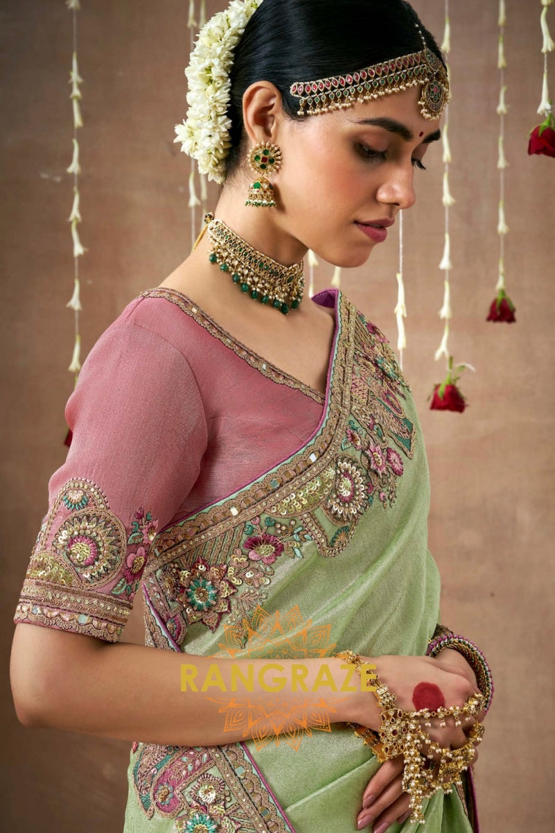 Mint Blush Delight: Designer Embellished Bridal Saree