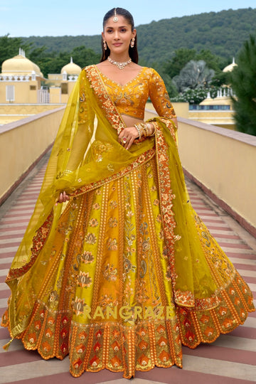 Mustard Heritage Embroidered Bridal Lehenga with Floral & Traditional Motifs