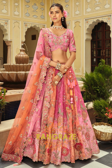 Blush Pink & Peach Ready-to-Wear Embroidered Lehenga with Net Dupatta