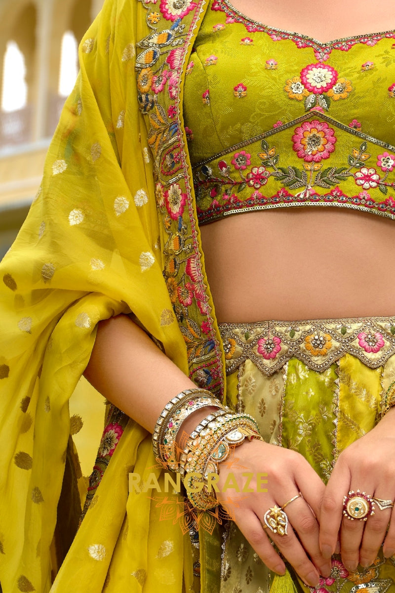 Chartreuse Garden Embroidered Bridal Lehenga with Floral Heritage Motifs