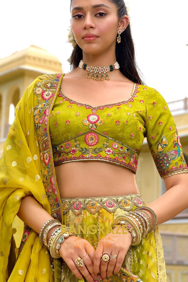 Chartreuse Garden Embroidered Bridal Lehenga with Floral Heritage Motifs