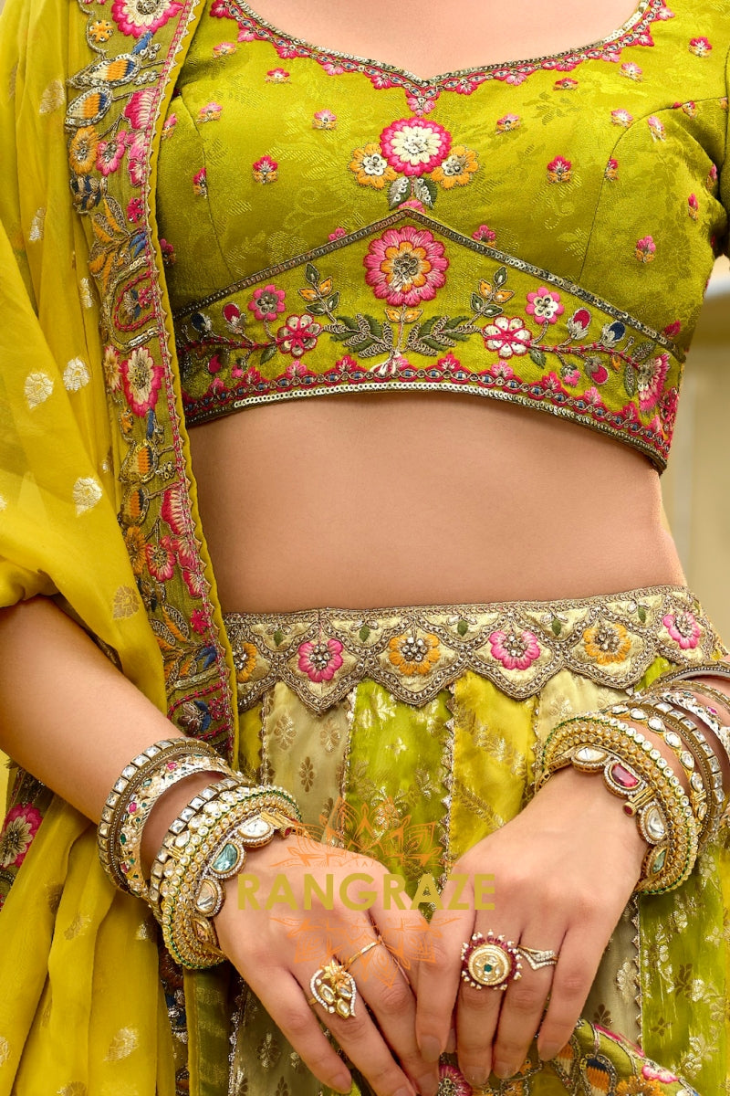 Chartreuse Garden Embroidered Bridal Lehenga with Floral Heritage Motifs