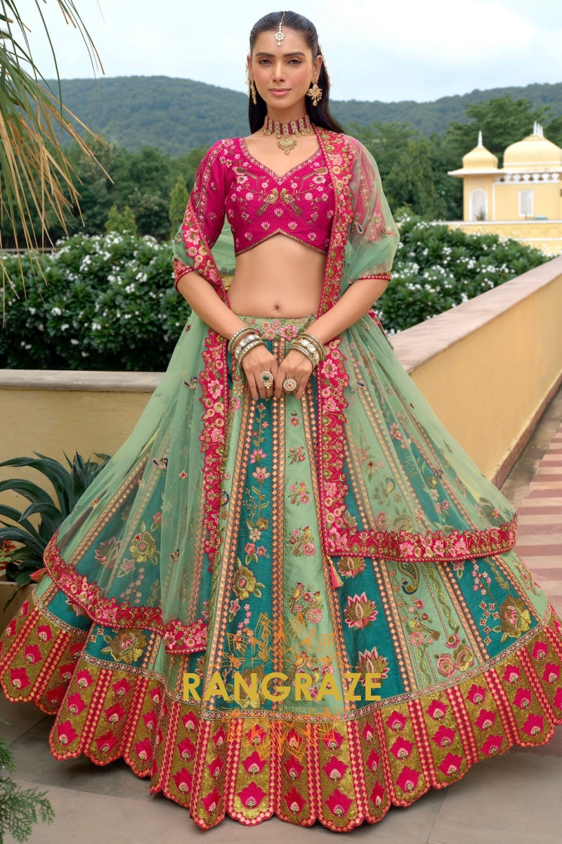 Emerald Rose Heritage Embroidered Bridal Lehenga with Floral Motifs