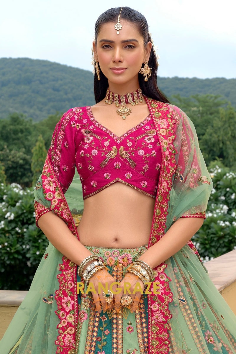 Emerald Rose Heritage Embroidered Bridal Lehenga with Floral Motifs