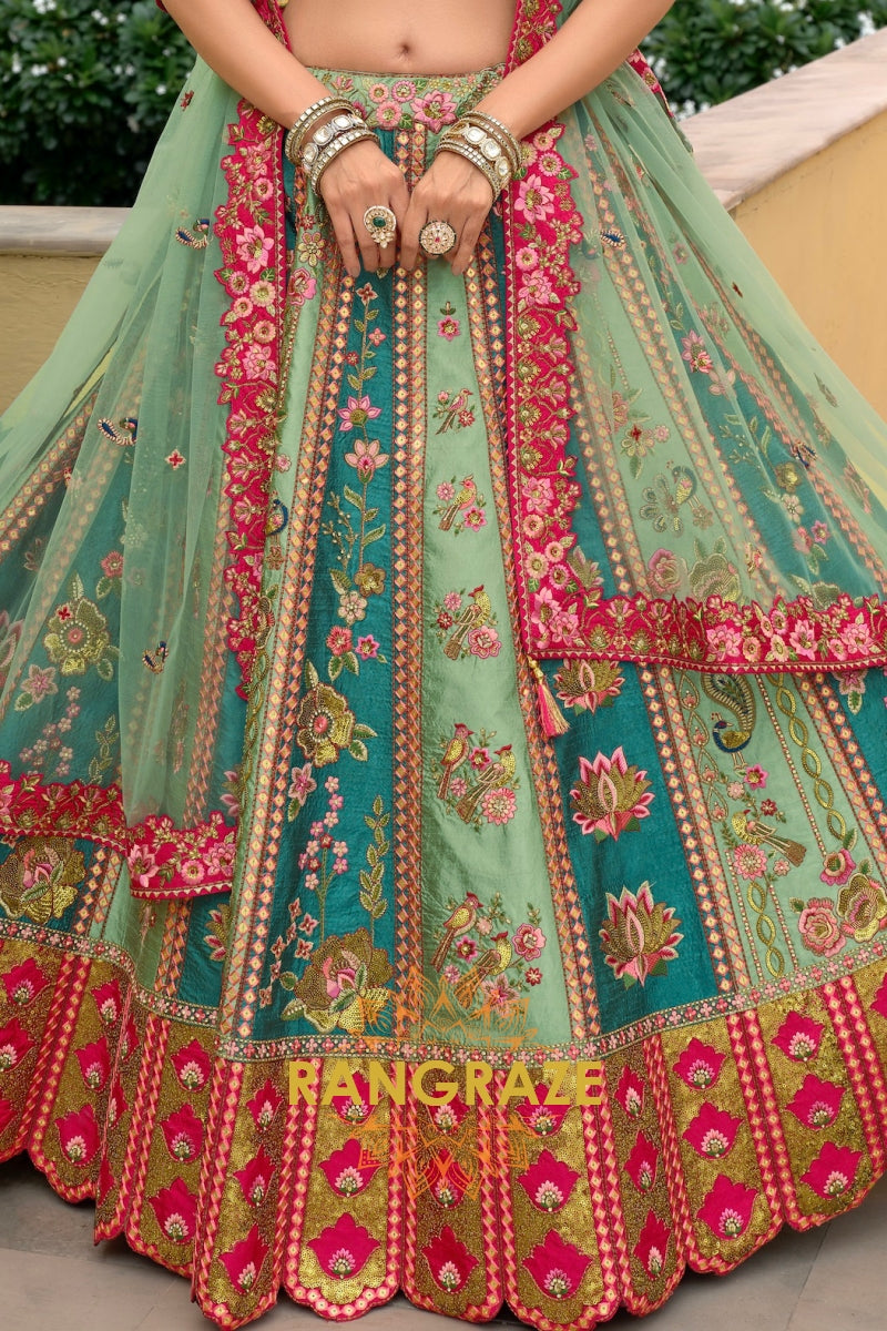 Emerald Rose Heritage Embroidered Bridal Lehenga with Floral Motifs