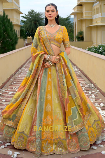 Sunlit Pastel Panelled Embroidered Bridal Lehenga with Traditional Motifs