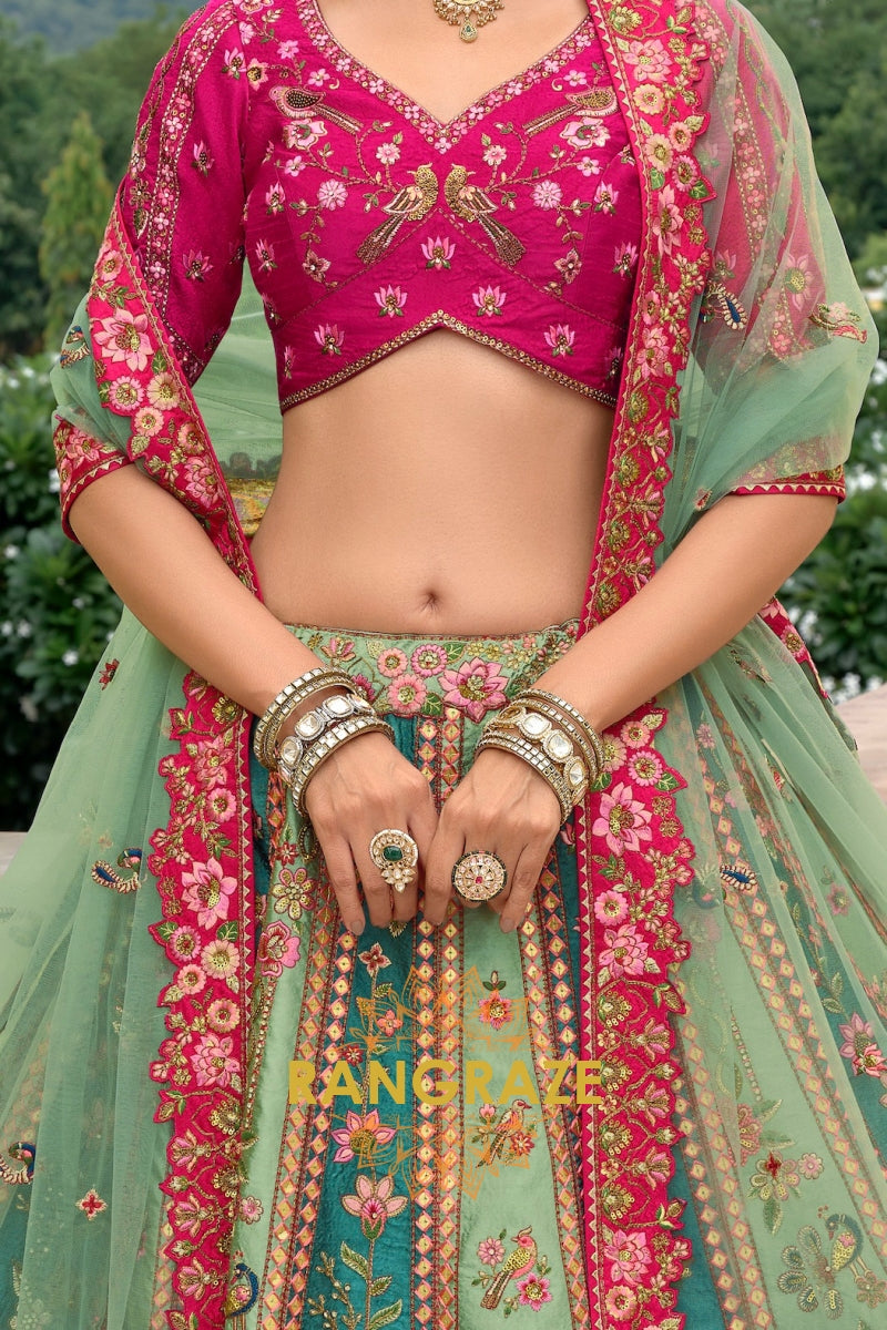 Emerald Rose Heritage Embroidered Bridal Lehenga with Floral Motifs