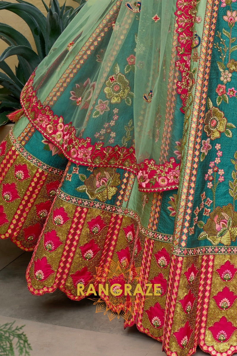 Emerald Rose Heritage Embroidered Bridal Lehenga with Floral Motifs