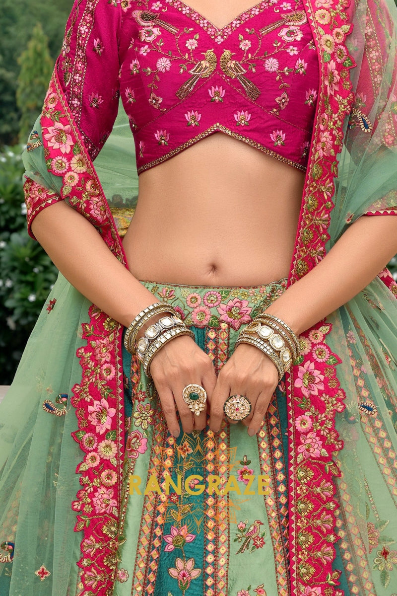 Emerald Rose Heritage Embroidered Bridal Lehenga with Floral Motifs