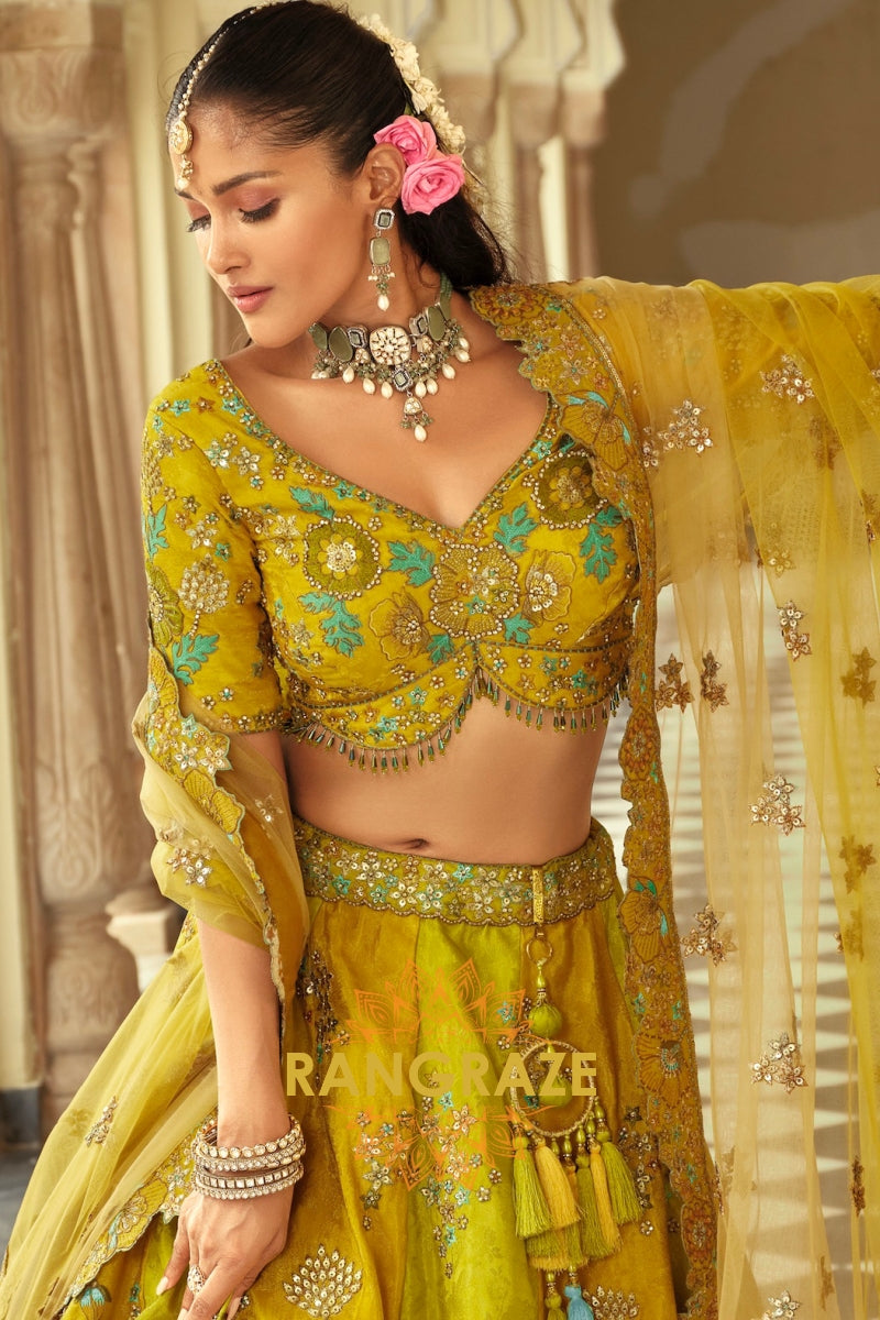 Olive Mustard Ready-to-Wear Embroidered Lehenga with Net Dupatta