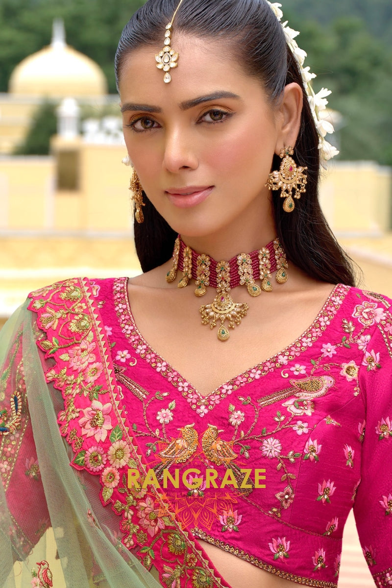 Emerald Rose Heritage Embroidered Bridal Lehenga with Floral Motifs