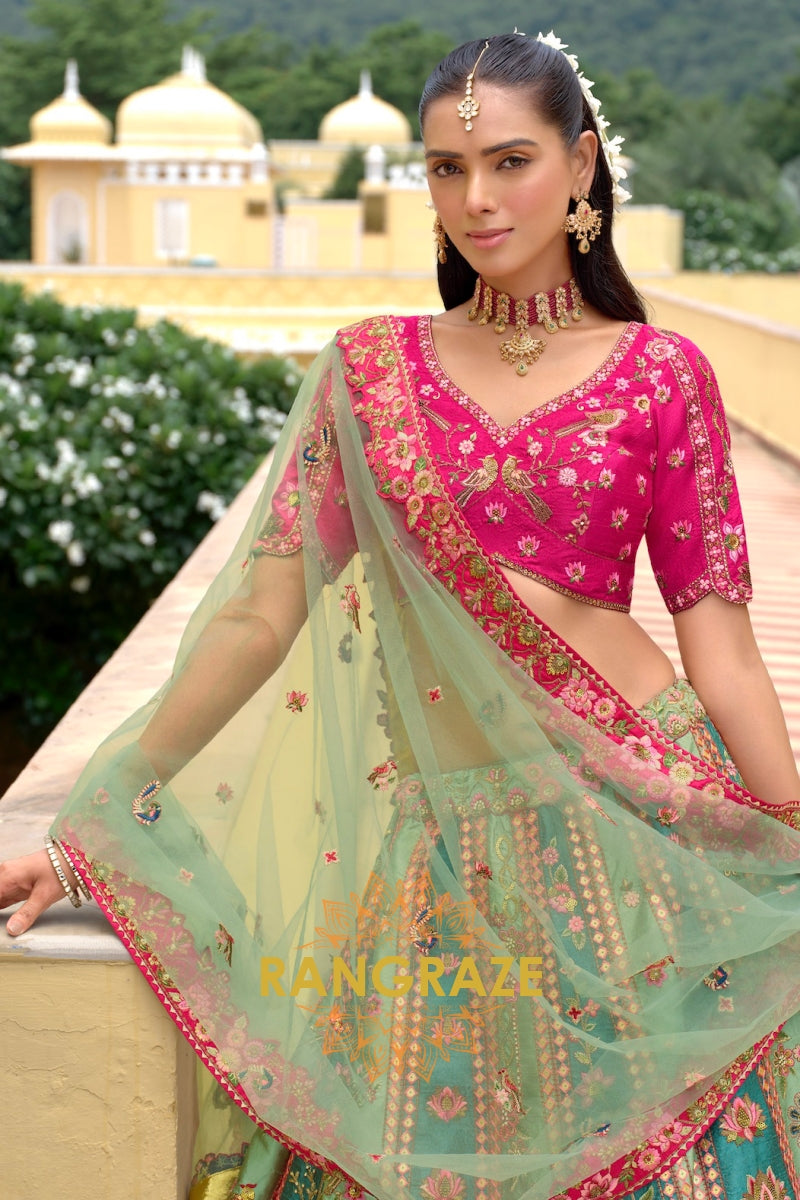 Emerald Rose Heritage Embroidered Bridal Lehenga with Floral Motifs