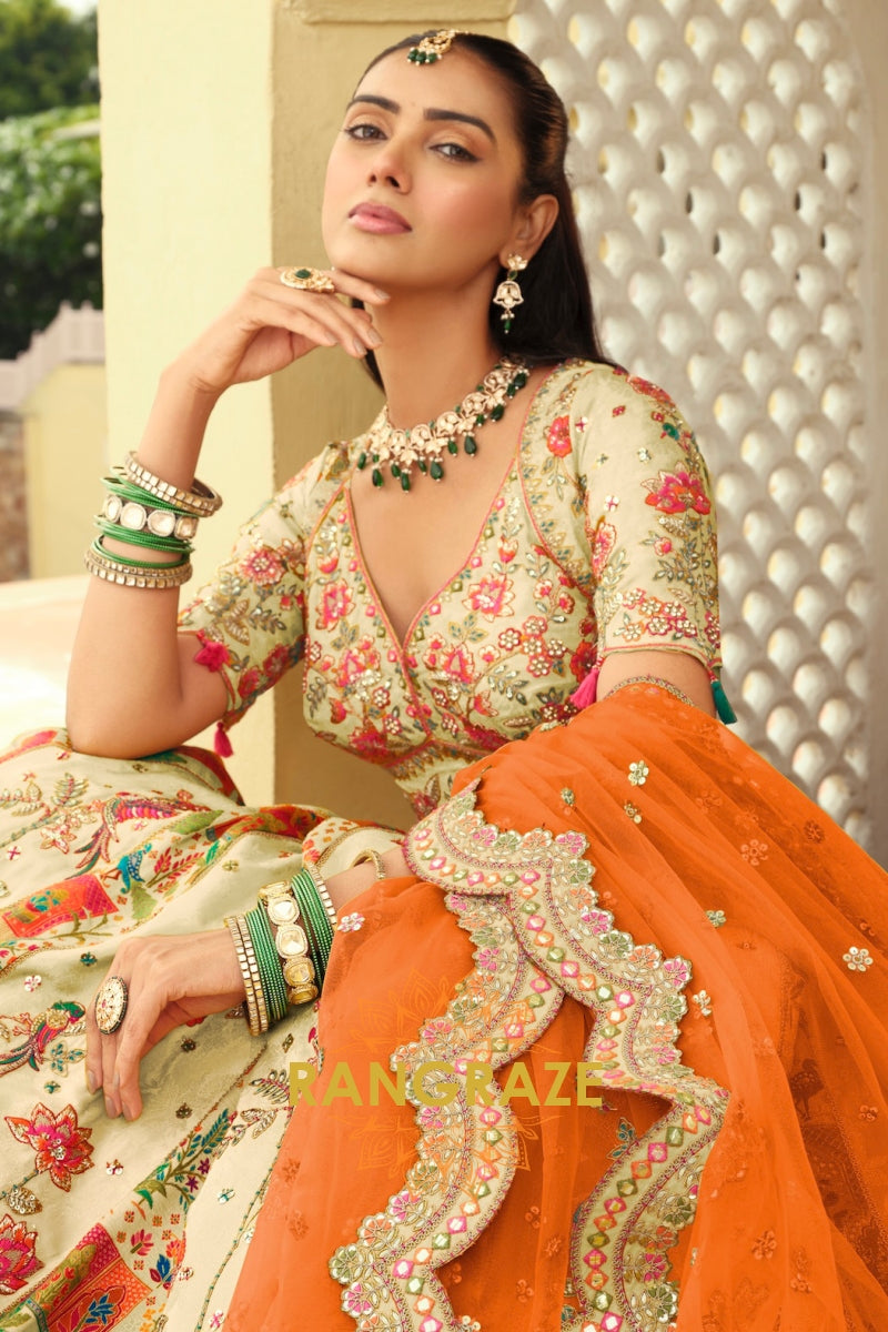 Ivory Floral Ready-to-Wear Embroidered Lehenga with Orange Net Dupatta