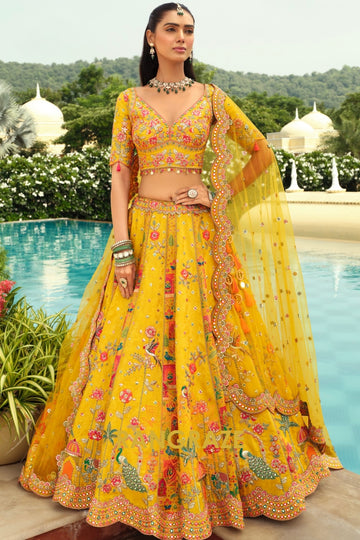 Sunshine Yellow Floral Ready-to-Wear Embroidered Lehenga with Net Dupatta