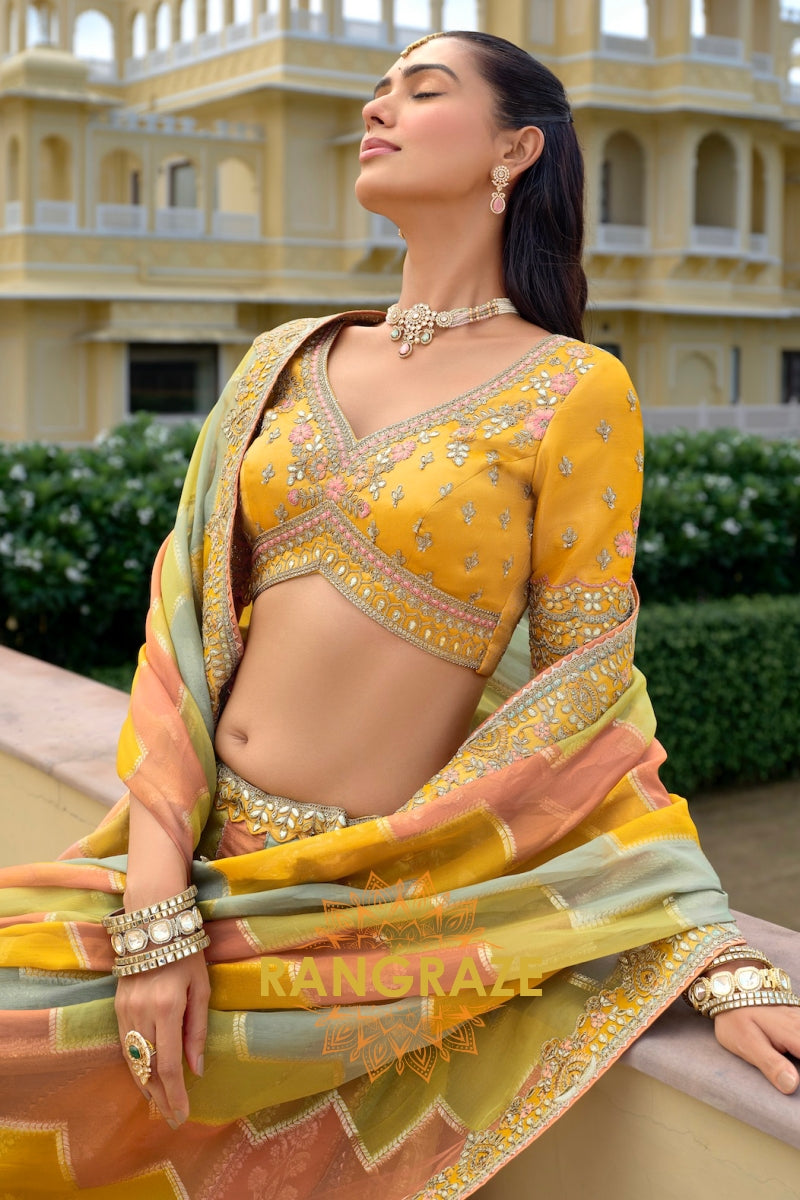 Sunlit Pastel Panelled Embroidered Bridal Lehenga with Traditional Motifs