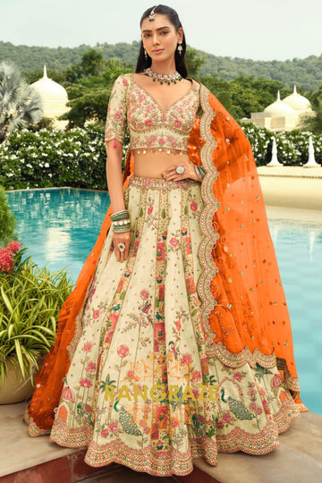 Ivory Floral Ready-to-Wear Embroidered Lehenga with Orange Net Dupatta