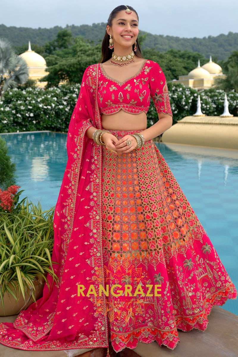 Ruby Heritage Cutwork Embroidered Bridal Lehenga with Traditional Motifs
