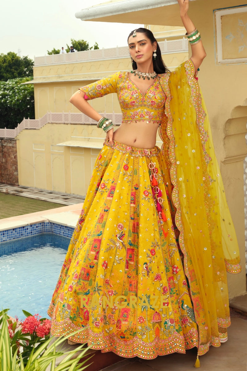 Sunshine Yellow Floral Ready-to-Wear Embroidered Lehenga with Net Dupatta
