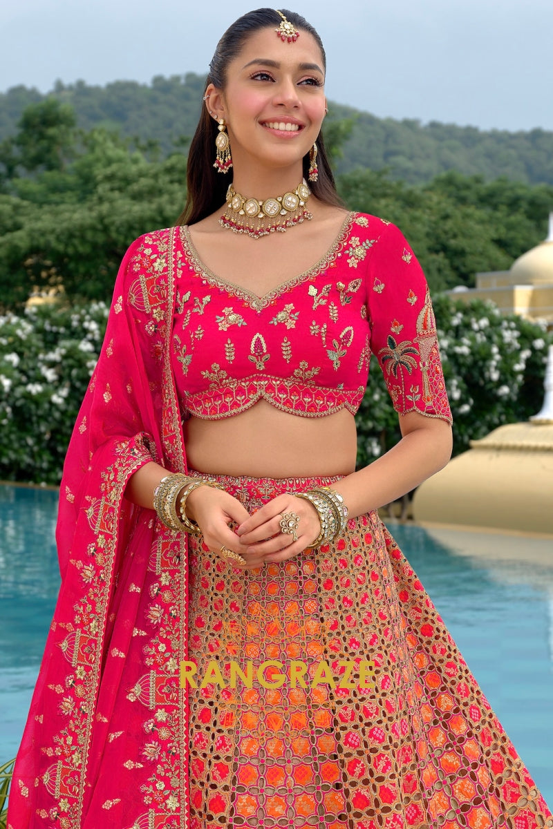 Ruby Heritage Cutwork Embroidered Bridal Lehenga with Traditional Motifs