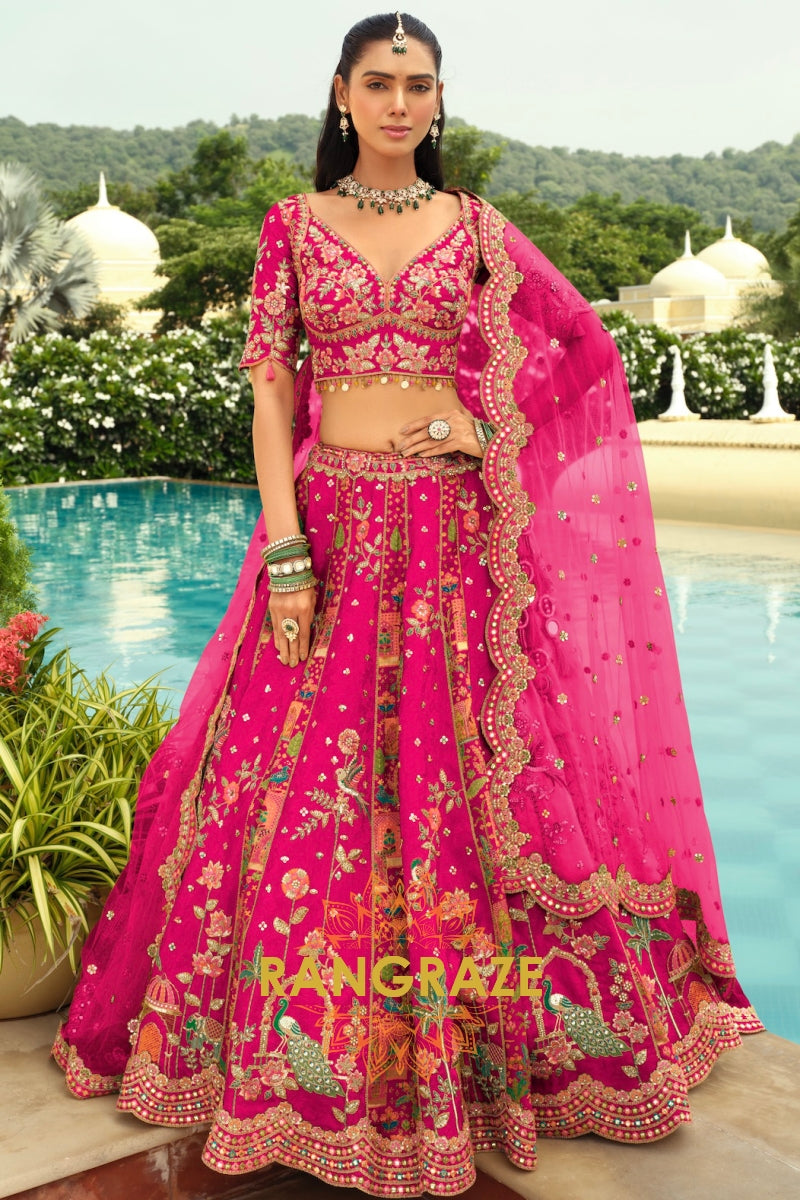 Fuchsia Floral Ready-to-Wear Embroidered Lehenga with Net Dupatta