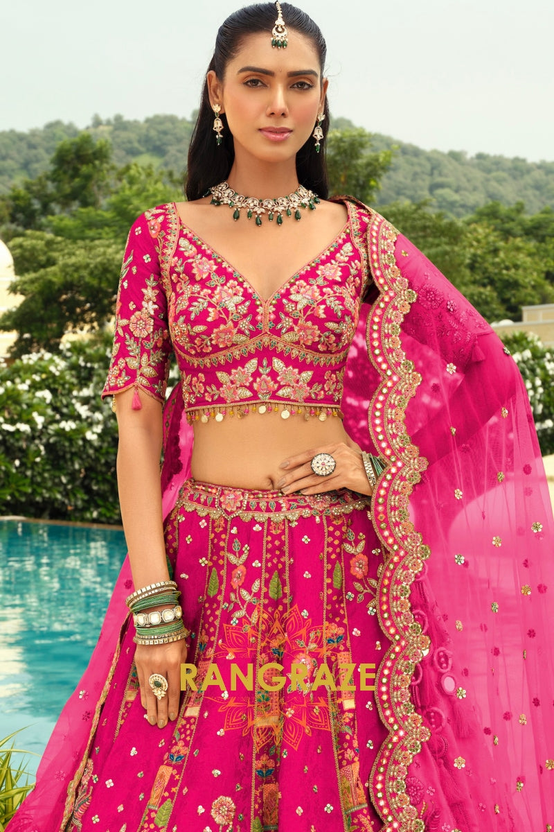 Fuchsia Floral Ready-to-Wear Embroidered Lehenga with Net Dupatta