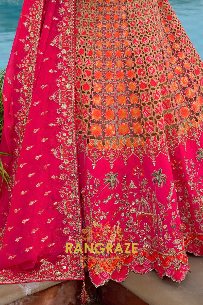 Ruby Heritage Cutwork Embroidered Bridal Lehenga with Traditional Motifs