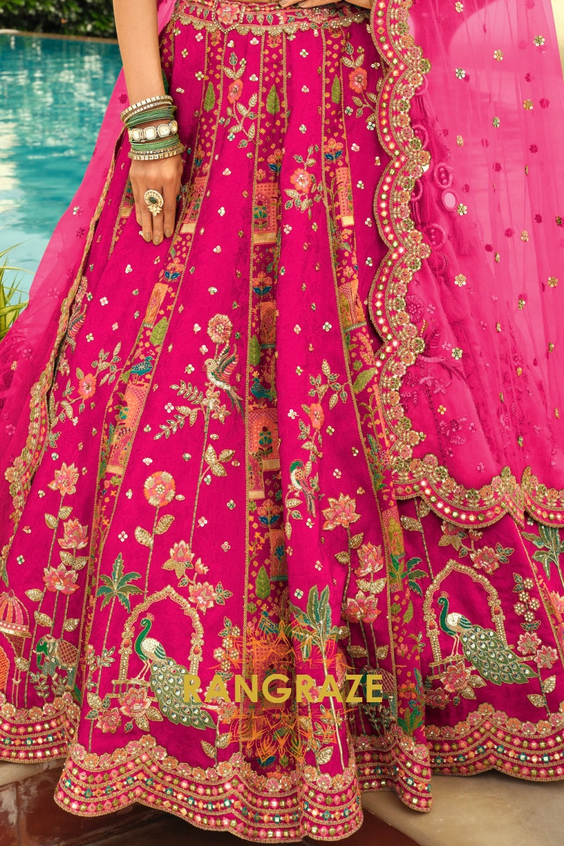 Fuchsia Floral Ready-to-Wear Embroidered Lehenga with Net Dupatta
