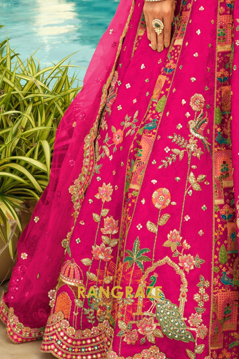 Fuchsia Floral Ready-to-Wear Embroidered Lehenga with Net Dupatta