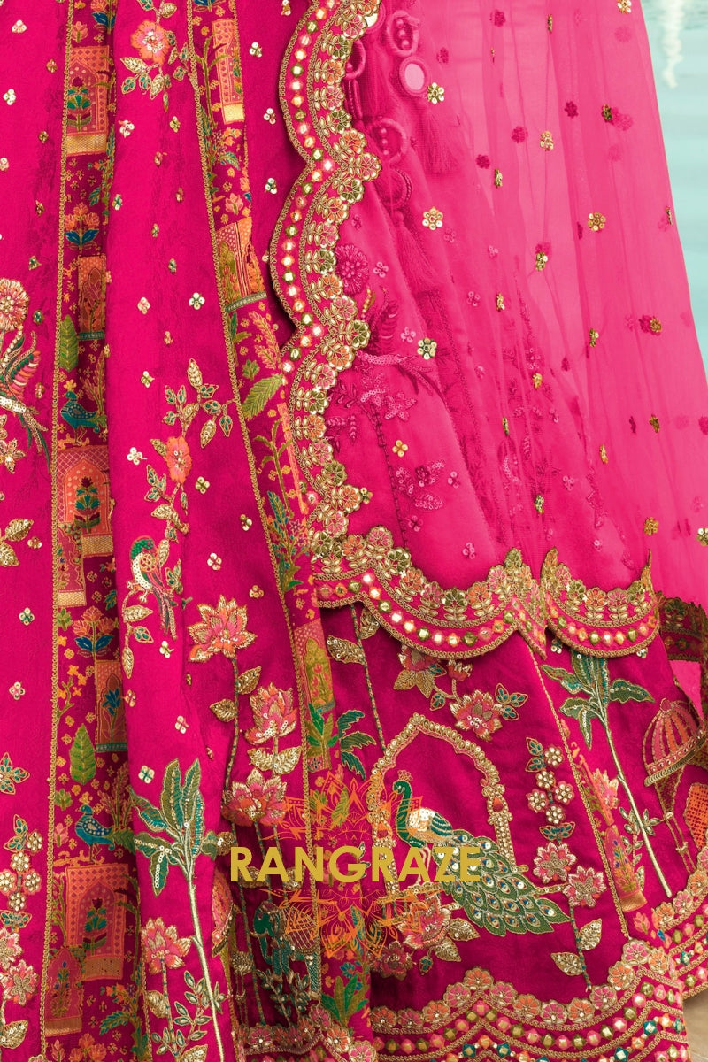 Fuchsia Floral Ready-to-Wear Embroidered Lehenga with Net Dupatta