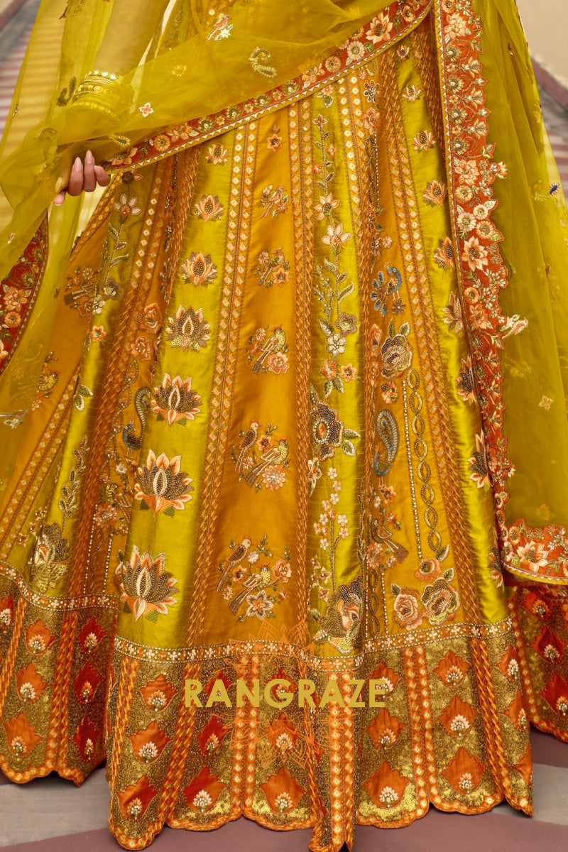 Mustard Heritage Embroidered Bridal Lehenga with Floral & Traditional Motifs