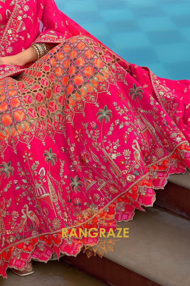 Ruby Heritage Cutwork Embroidered Bridal Lehenga with Traditional Motifs